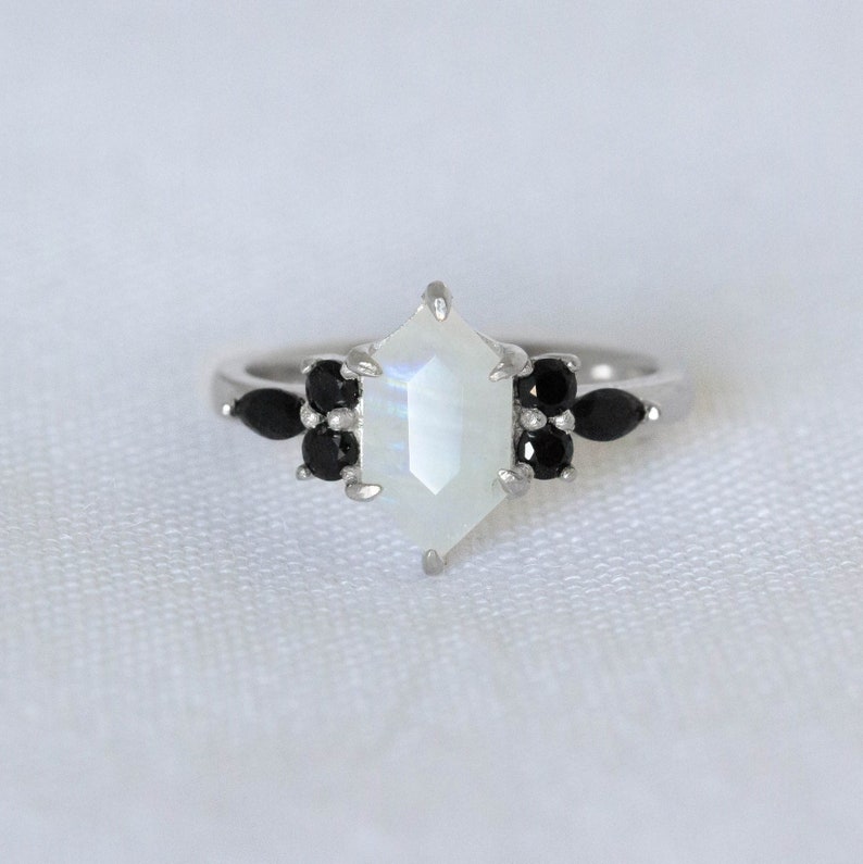 Divorce Ring Hexagon Moonstone Ring Black Onyx Gemstone engagement Ring