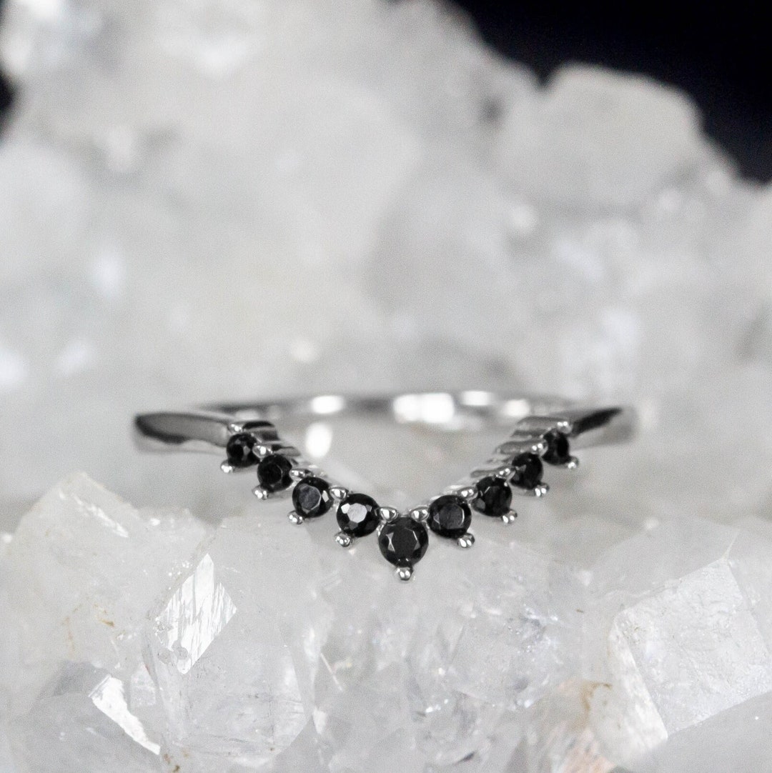 Black Ring Band Curved Band Solid 14k White Gold Wedding Ring Stacking