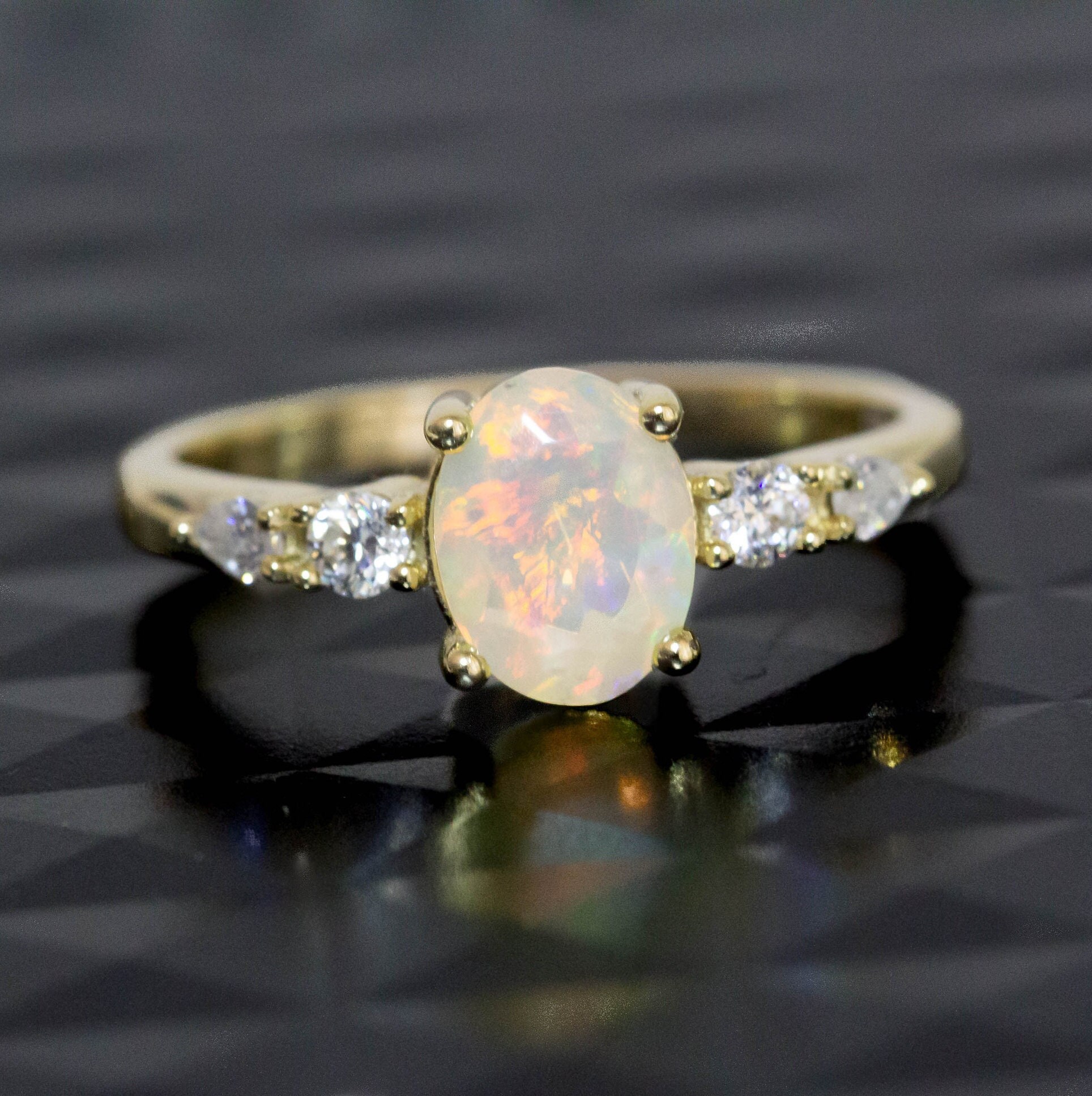 Oval Natural Opal Ring Set 18k Gold Ring Set Opal - Etsy