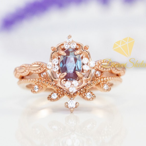 Alexandrite Ring Set 14k Rose Gold Vermeil Engagement Ring | Etsy