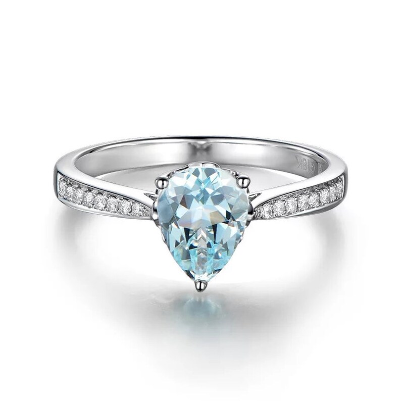 Anniversary Engagement March Birthstone Birthday Gift for Her Blue Gemstone Aquamarine Sterling Silver Ring Pear Cut