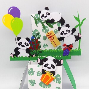 Pop up card. Panda birthday party exploding box card. With presents and balloons. Personalisation of name/greeting Free