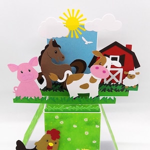 Pop up card Farmyard animals, handmade unique greetings birthday exploding box card. Free custom personalisation name/occasion free.