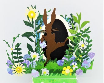 Easter bunny hop exploding box handmade greetings card. Free custom personalisation of name/ message