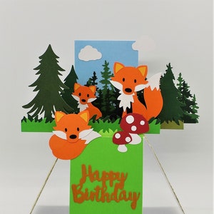 Tarjeta desplegable. Cumpleaños de zorro, agradecimiento, tarjeta con forma de caja explosiva con lindos zorros. Personalización gratuita de nombre o número