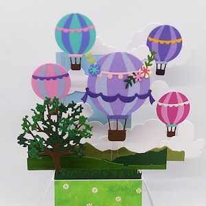 Pop-upkaart. Exploderende doos wenskaart. Luchtballon Reizen en avontuur GRATIS custom personalisatie van naam/gelegenheid/bericht