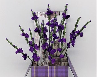 Pop up luxury gift boxed exploding box card with 3D purple heather bouquet. Free custom personalisation of name/ message