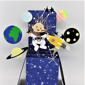 3D Pop up card. Space Astronaut Birthday toddler adventure. Free custom personalisation
