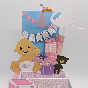 Pop up Karte. Baby Girl Geburt oder Baby Shower Explosionsbox Karte. Kostenlose individuelle Personalisierung Name / Hautfarbe etc.