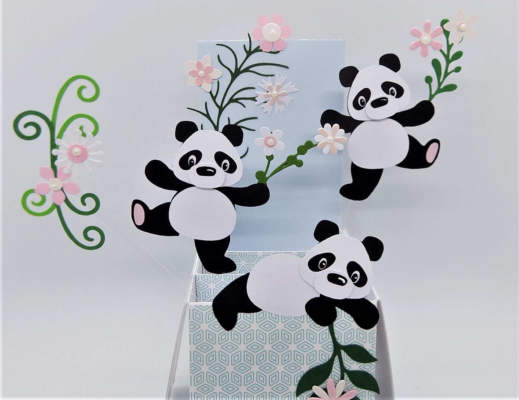 Personalise name greeting With presents and balloons Pop up Panda birthday handmade unique exploding box card Free custom personalization