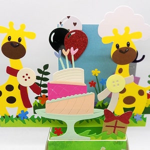 Pop up Card. Giraffe birthday party card 3D exploding box card. Free Custom personalisation of name/message/ candles