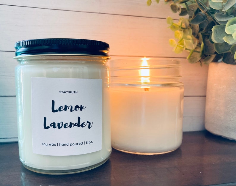 Handmade lemon scented hand-poured lavender scented Soy Wax Candle All Natural Jar Candle 8 ounces