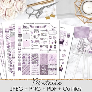 May include: A set of printable planner stickers featuring a purple and gray color scheme. The stickers include various designs, such as a laptop, a coffee cup, a shopping bag, a clock, and a house. The stickers are designed for use in a planner or journal.