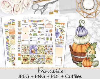 May include: Printable planner stickers featuring a fall theme with pumpkins, leaves, and a stack of pumpkins in a wooden bucket. The stickers are in a variety of colors, including orange, green, brown, and purple. The stickers are perfect for adding a touch of fall to your planner or journal.
