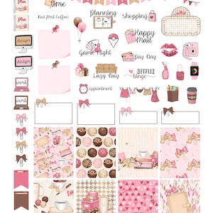 May include: A set of pink and brown planner stickers with various designs, including a coffee cup, a laptop, a gift box, a couch, a camera, a book, and a bow. The stickers are perfect for organizing and decorating your planner.
