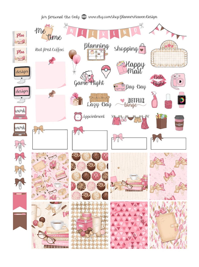 May include: A set of pink and brown planner stickers with various designs, including a coffee cup, a laptop, a gift box, a couch, a camera, a book, and a bow. The stickers are perfect for organizing and decorating your planner.