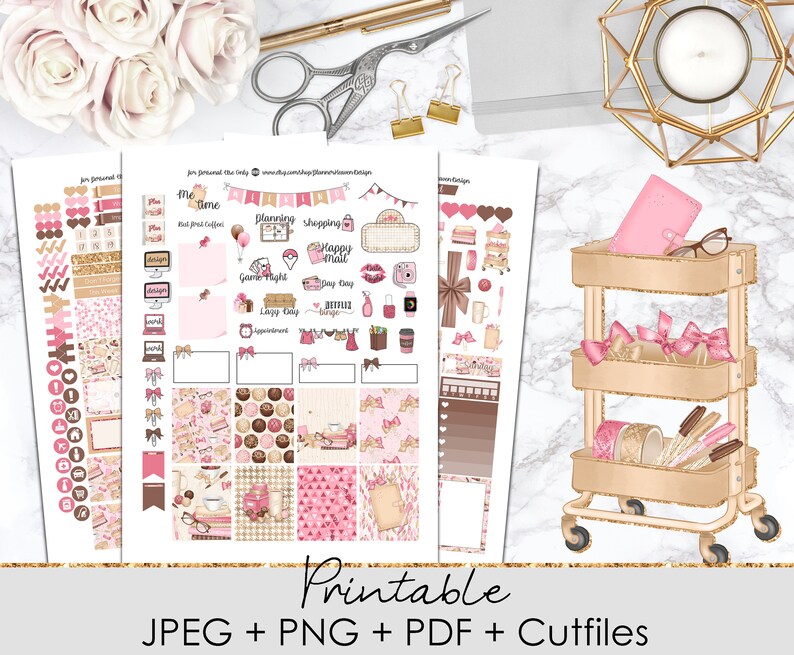 May include: Printable planner stickers with a pink and gold theme. The stickers feature a variety of designs, including hearts, bows, coffee cups, and shopping bags. The stickers are arranged on a white background with a gold glitter overlay.