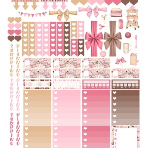 May include: A set of printable planner stickers featuring a pink and brown color scheme. The stickers include various designs, such as bows, hearts, and books. The text "Top Priority" is featured on the stickers.