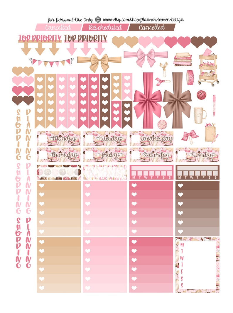 May include: A set of printable planner stickers featuring a pink and brown color scheme. The stickers include various designs, such as bows, hearts, and books. The text "Top Priority" is featured on the stickers.