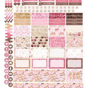 May include: Pink and brown planner stickers with various patterns and designs. The stickers include numbers, check marks, arrows, hearts, and icons. The stickers also include text such as "To Go", "To Clean", "Don't Forget", "Important", "Reminder", "Wanted", "This Week", "Happy Mail", and "To Buy".