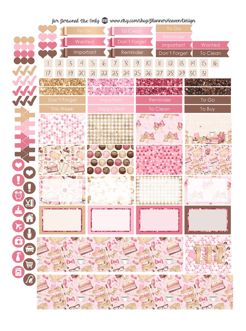 May include: Pink and brown planner stickers with various patterns and designs. The stickers include numbers, check marks, arrows, hearts, and icons. The stickers also include text such as "To Go", "To Clean", "Don't Forget", "Important", "Reminder", "Wanted", "This Week", "Happy Mail", and "To Buy".