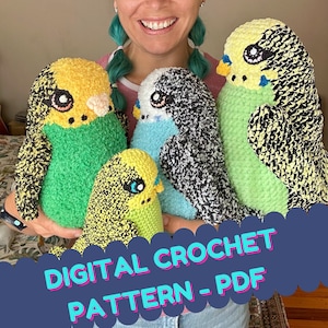Peut inclure: Un modèle de crochet numérique pour réaliser un perruche, un petit perroquet. Le modèle est disponible en téléchargement PDF. L'image montre une femme tenant quatre perruches au crochet de différentes couleurs.