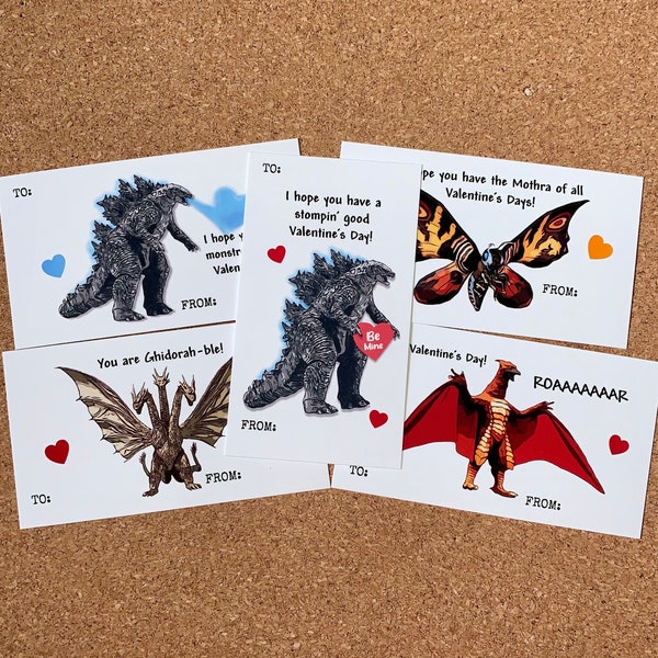 Godzilla King of the Monsters, Mothra, Ghidorah, Rodan Kaiju Valentine's Day Card set of 10 cards