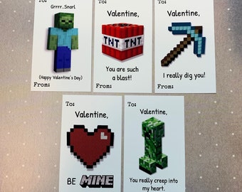 Pixel Mine Valentine Card set of 10 - Classroom, School, Friend, Gamer