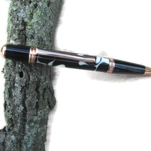 Handmade Acrylic Ballpoint Pen: Black & White with Copper Trim