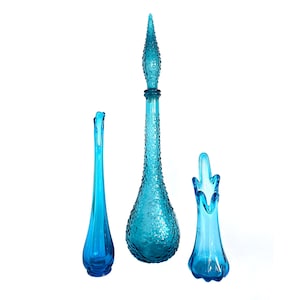 x3 Styles Available! Midcentury Swung Vase, Empoli Italy Hobnail Bubble Genie Bottle, Blue, 22 Inches, 13.5 inches, 10 inches, Viking Glass