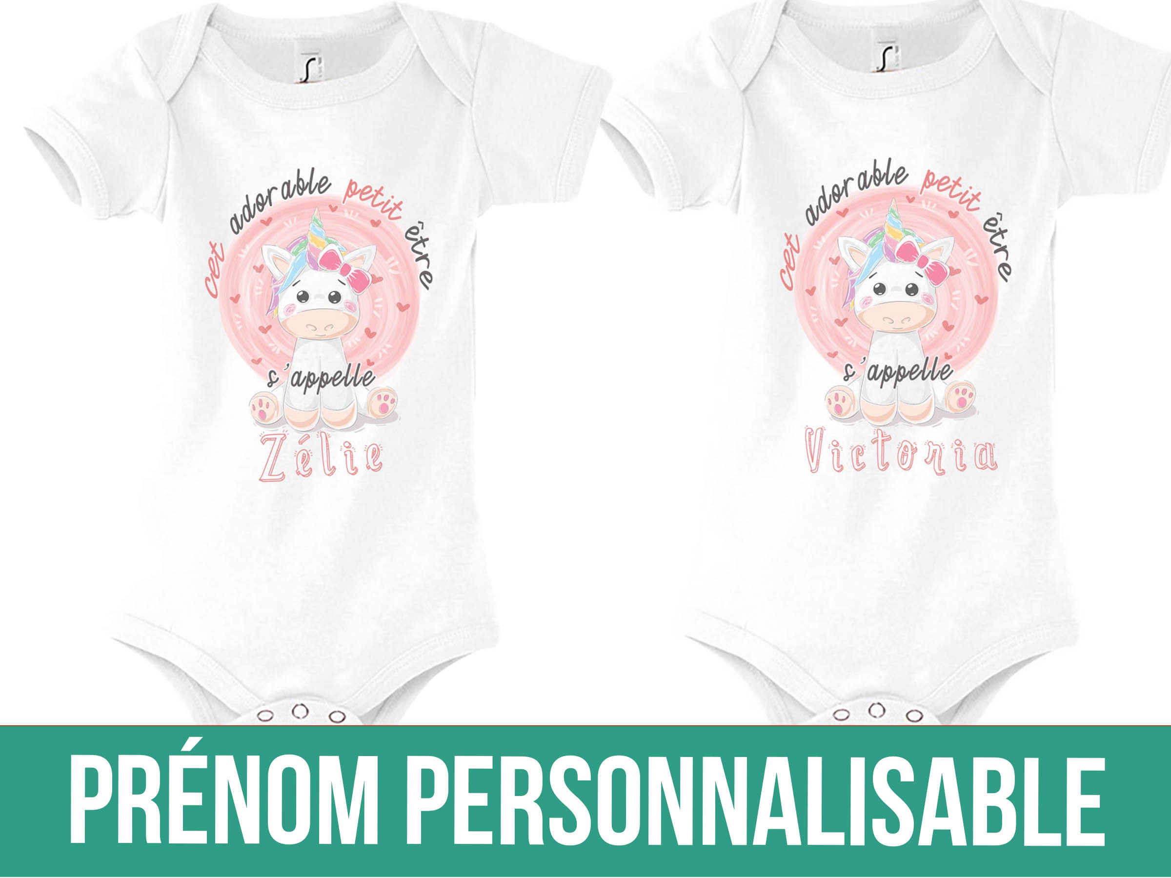 Body Bébé Licorne Personnalisé Avec Prénom - Neuf Avec étiquettes, Blanc Coton