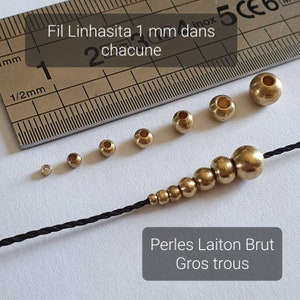 Large hole beads in raw brass, 1 mm, 2 mm, 2.5 mm, 3 mm, 4 mm, 5 mm and 6 mm - Supply for Micro-macramé - Undyed beads