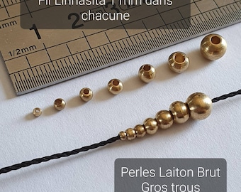 Large hole beads in raw brass, 1 mm, 2 mm, 2.5 mm, 3 mm, 4 mm, 5 mm and 6 mm - Supply for Micro-macramé - Undyed beads