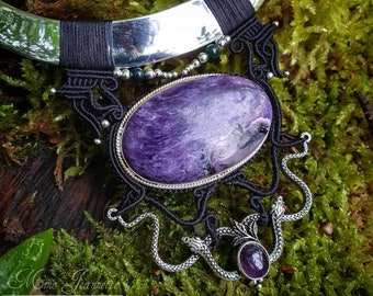 Torque Plastron Micro-macrame and Charoite necklace - Tribal necklace, Large purple stone, ethnic
