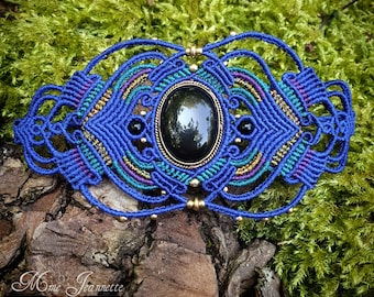 Bracelet Manchette Micro-macramé, et Obsidienne noire - Bracelet Bohème, tribal, ethnique