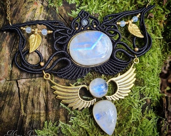 Collier Plastron Micro-macramé et Péristérite - Collier Bohème, collier ailes, déesse, tribal, ethnique