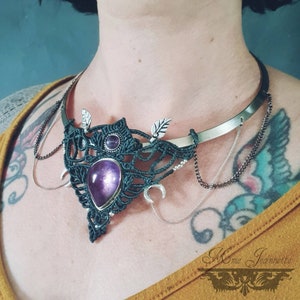 Necklaces Torques Silver, Plastron Micro-macramé with Amethyst & Peristerite Fairy necklace, psytrance, fusion, Boho image 9