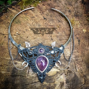 Necklaces Torques Silver, Plastron Micro-macramé with Amethyst & Peristerite Fairy necklace, psytrance, fusion, Boho image 8