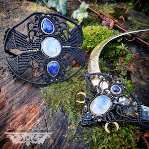 Adornment Necklace & Bracelet Cuff Micro-macramé, Peristerite and Lapis lazuli - Boho, ethnic Tribal, Egyptian