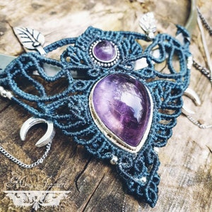 Necklaces Torques Silver, Plastron Micro-macramé with Amethyst & Peristerite Fairy necklace, psytrance, fusion, Boho image 7