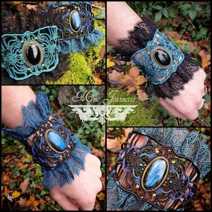 May include: Four close-up images of a blue and black lace bracelet with a gold and blue gemstone. The bracelet is made with intricate knotting and features a large, oval-shaped gemstone.