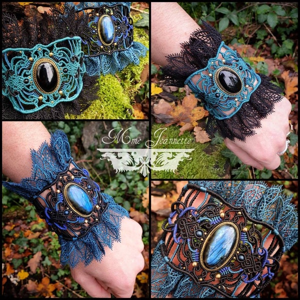 Bracelet Manchette Baroque - Micro-macramé & Labradorite bleue et Onyx Noir - Néo-gothique, steampunk, emo, romantique, baroque