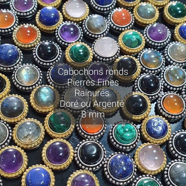 8 mm grooved cabochons - Micro-macramé - Labradorite, Tiger's eye, Amethyst, Carnelian, Lapis lazuli, Rose quartz, Malachite, Black onyx