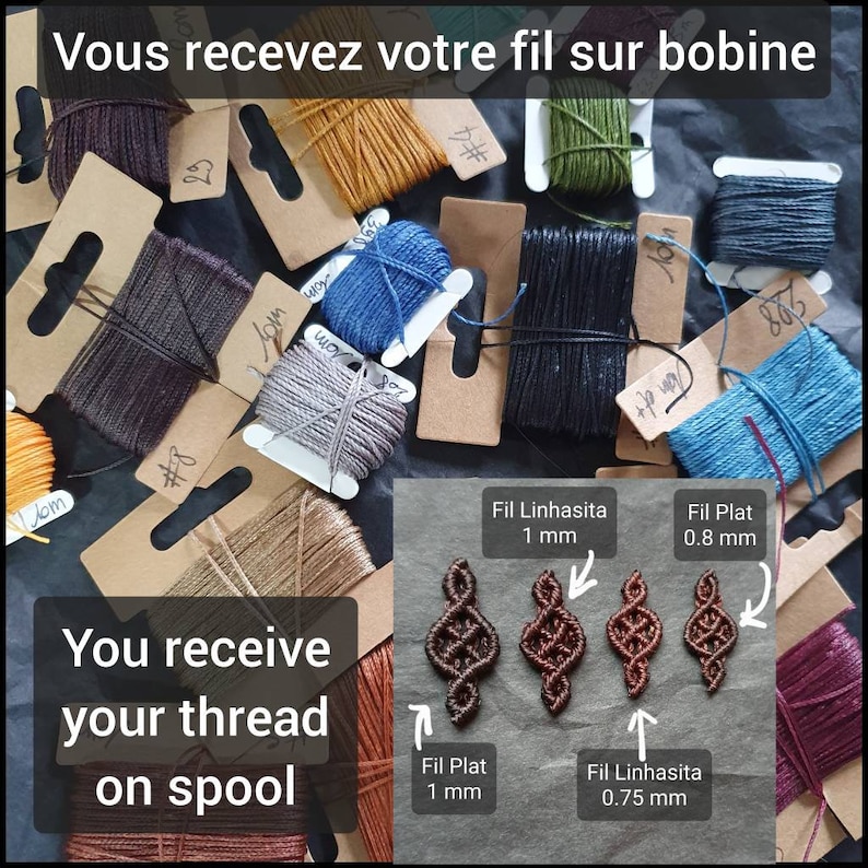 May include: A close-up of spools of thread in various colors, including brown, gray, black, blue, and orange. The spools are labeled with numbers and the text "You receive your thread on spool".  The image also shows three different types of cord, labeled "Fil Linhasita 1 mm", "Fil Plat 0.8 mm", and "Fil Plat 1 mm".