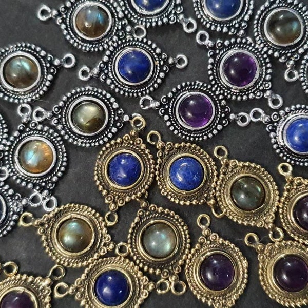 Connectors Gemstones, Brass & German Silver - Labradorite, Lapis-lazuli and Amethyst - Supplies for Micro-macrame