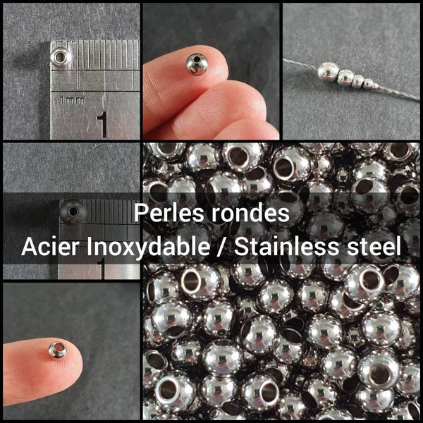 Perles rondes en Acier Inoxydable, 2 mm, 3mm, 4 mm, 5 mm et 6 mm - Fourniture pour Micro-macramé