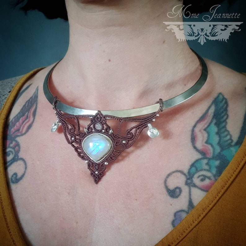 Necklaces Torques Silver, Plastron Micro-macramé with Amethyst & Peristerite Fairy necklace, psytrance, fusion, Boho image 5