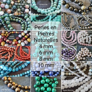May include: An assortment of natural gemstone beads in various colours and sizes, including agate, amazonite, obsidian, chrysocolla, jasper, howlite, turquoise, cornalline, apatite, amethyst, labradorite, calcedoine, and malachite. The beads are arranged in a grid pattern with the text "Perles en Pierres Naturelles 4 mm 6 mm 8 mm 10 mm" in the centre.