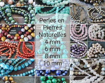 May include: Assortment of natural gemstone beads in various colors and sizes, including agate, amazonite, obsidian, chrysocolla, jasper, howlite, turquoise, cornalline, apatite, amethyst, labradorite, calcedoine, and malachite. The beads are arranged in a grid pattern with the text "Perles en Pierres Naturelles 4 mm 6 mm 8 mm 10 mm" in the center.