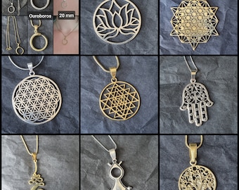 Necklaces with symbol pendants and sacred geometry